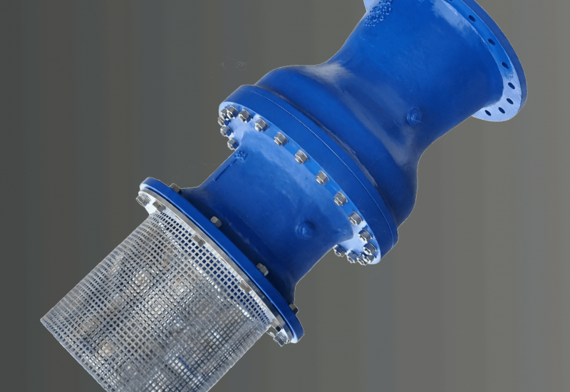 Das Bild zeigt einen PSA Hydro-Stop mit angeflanschtem PSA Suki Saugkorb aus Edelstahl